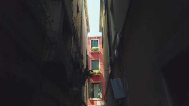 Bottom View van smalle straat gevels in Venetië — Stockvideo