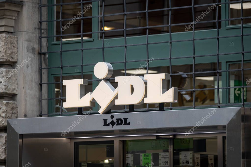 Zurich, Switzerland - July 19, 2018: Lidl company logo at the brand store facade