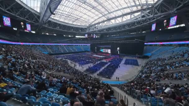 Panorama of the business forum at the indoor stadium, timelapse — Stock Video