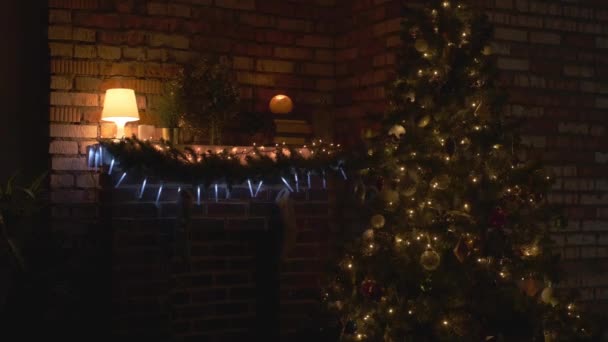 Silhuett av jultomten i ett mörkt rum, mot bakgrund av julgranen — Stockvideo