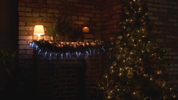Silhouet van de Kerstman in een donkere kamer, tegen de achtergrond van de kerstboom — Stockvideo