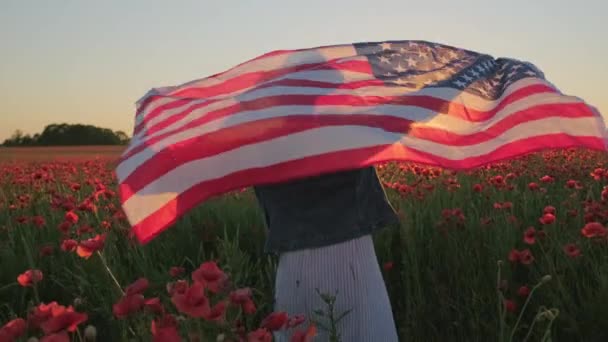 Felismerhetetlen nő amerikai zászlóval a réten — Stock videók