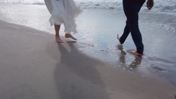Νύφη και γαμπρός περπατούν στη θάλασσα — Αρχείο Βίντεο