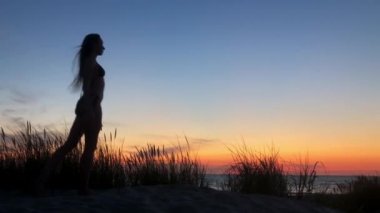 Gün batımında denize doğru yürüyen tanınmayan bir kadın.