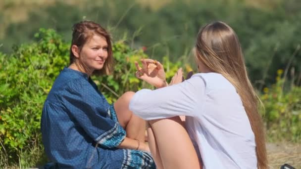 Naiset lepäävät ja puhuvat maaseudulla — kuvapankkivideo