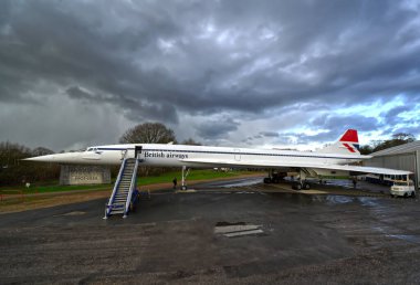 Süpersonik Concorde uçağı. Brooklands Müzesinde British Airways Teknoloji Sergisi.