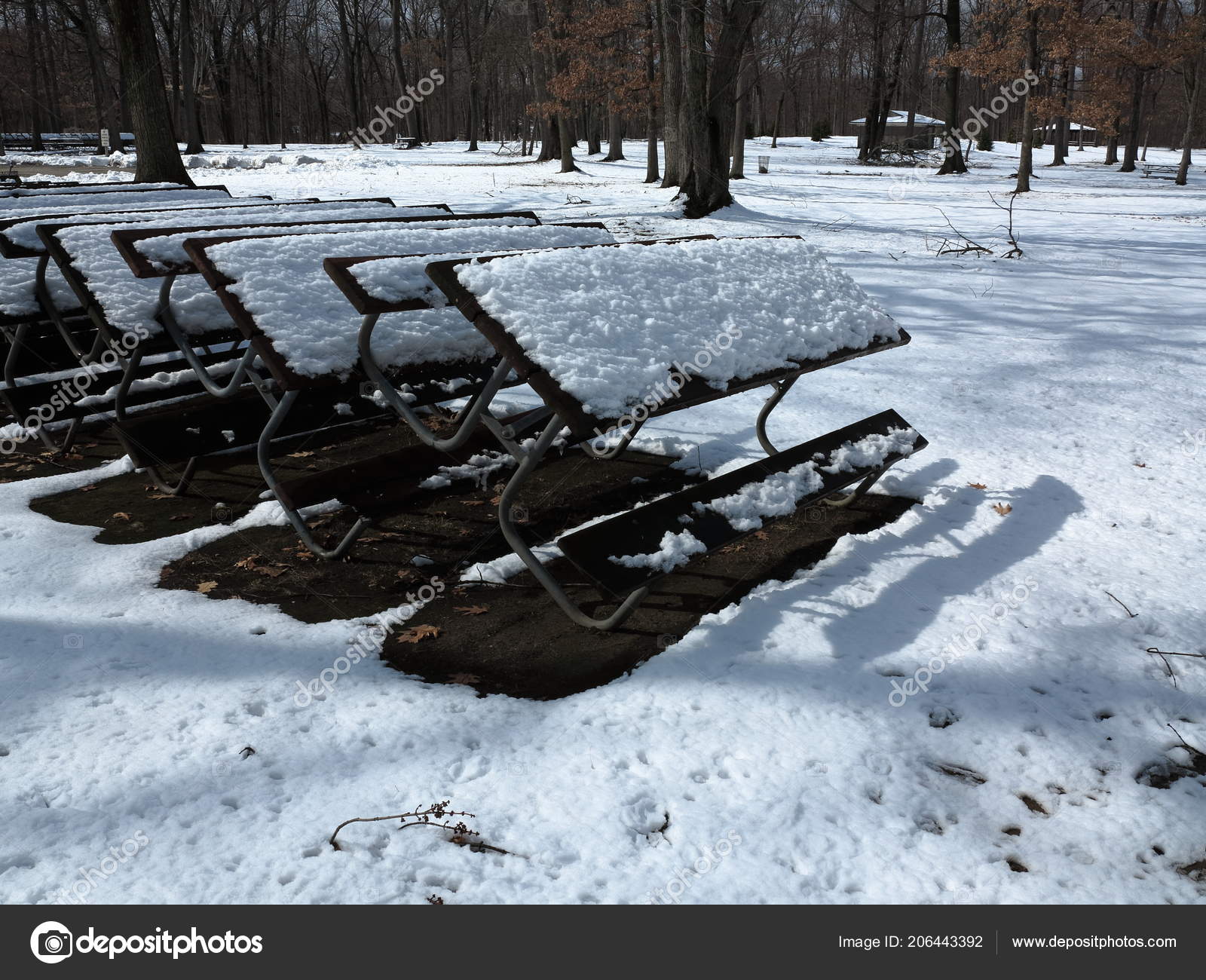 Park Winter Picnic Tables Benches Stacked Park Closed Season Snow