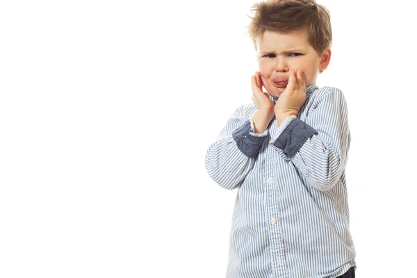 Young Cute Upset Little Boy Posing White Background — Stock Photo, Image