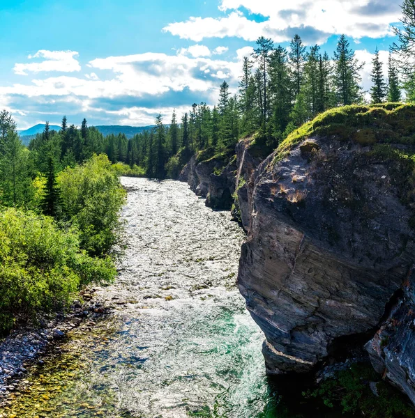 Ορεινό ποτάμι που ρέει μεταξύ των βράχων σε μια δασική περιοχή — Φωτογραφία Αρχείου