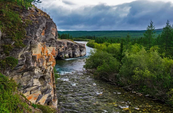 Fiume di montagna che scorre tra le rocce in una zona boschiva — Foto Stock