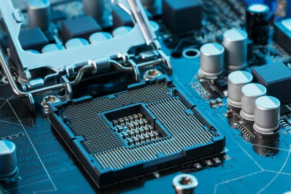 Electronic engineer of computer technology. Maintenance computer cpu hardware upgrade of motherboard component. Pc repair, technician and industry support concept.