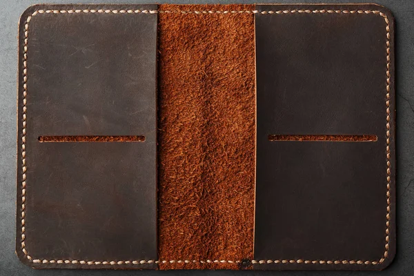 Open Dark Brown Leather Passport Cover. Genuine leather, handmade.