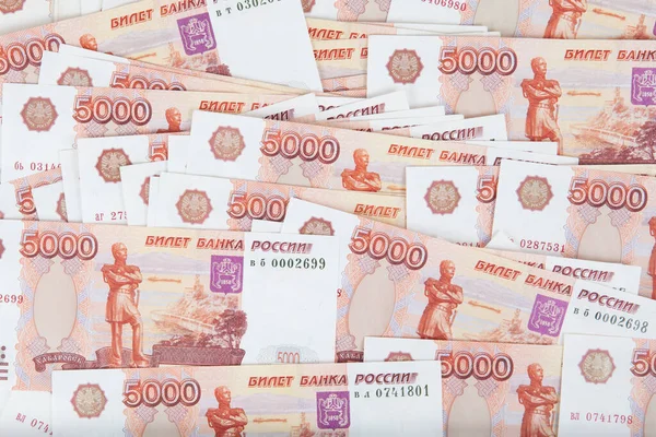 Куча Банкнот Пять Тысяч Рублей Крупный План — стоковое фото