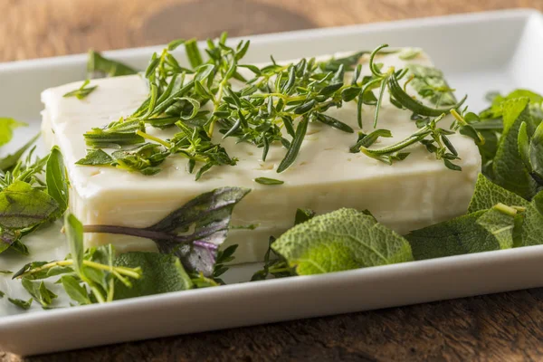 Marinating Block Feta Cheese Herbs — Stock Photo, Image