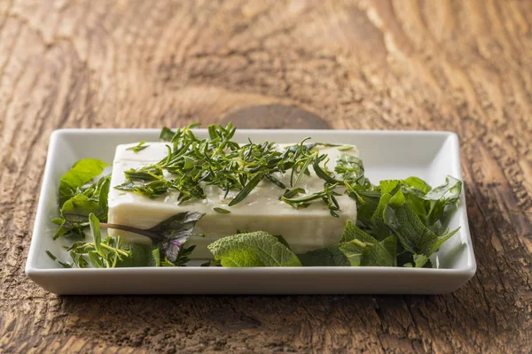 Marinating Block Feta Cheese Herbs — Stock Photo, Image