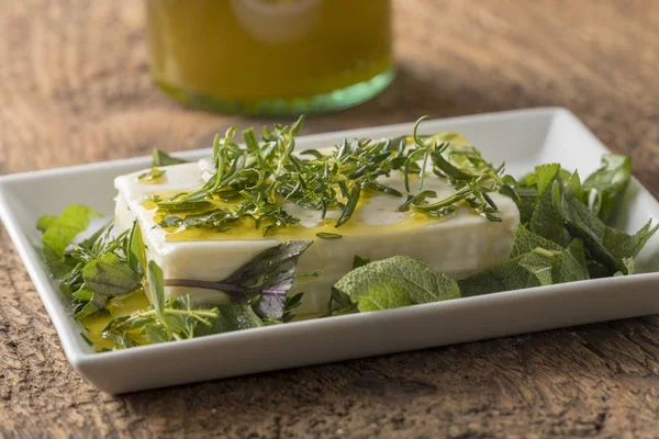 Marinating Block Feta Cheese Herbs — Stock Photo, Image