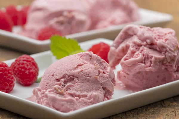 Plum Ice Cream Raspberries — Stock Photo, Image