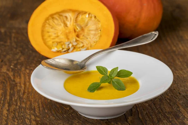 Closeup Pumpkin Soup Wood — Stock Photo, Image