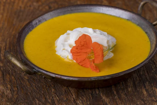 Closeup Pumpkin Soup Wood — Stock Photo, Image