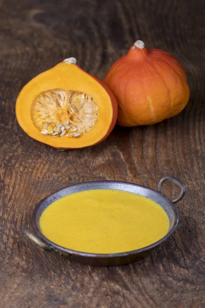 Closeup Pumpkin Soup Wood — Stock Photo, Image