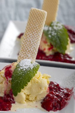 Sıcak ahududu soslu vanilyalı dondurma. 