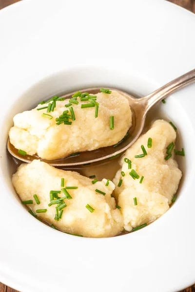 Närbild Semolina Dumplings Buljong — Stockfoto