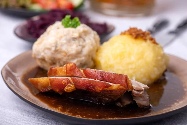 Bavarian Roasted Pork Different Dumplings — Stock Photo, Image