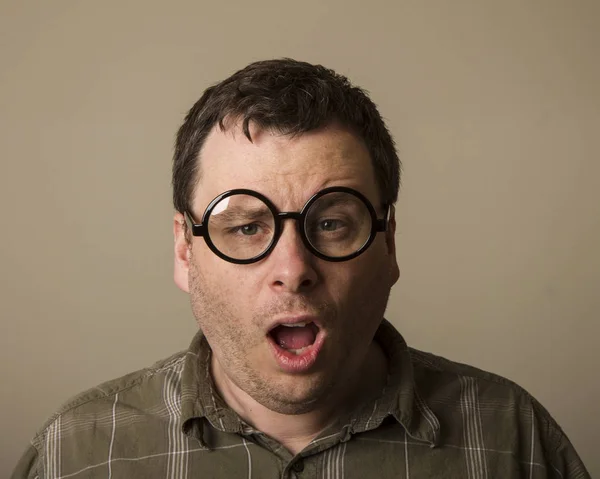 Nerd Making Surprised Look His Face — Stock Photo, Image