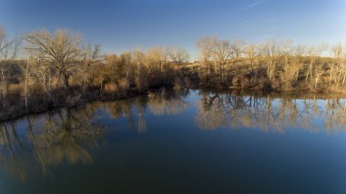 sonbaharda gölden ağaçlara bakarak