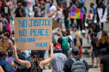 BOISE, IDAHO - 31 Mart 2020: Boise başkentinde protesto panosu tutan kadın
