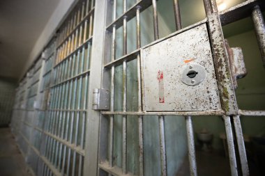 Kapısında paslı kilit olan bir hapishane hücresi. Hücre boş. Parmaklıklar metalden yapılmış ve birbirlerine çok yakınlar.