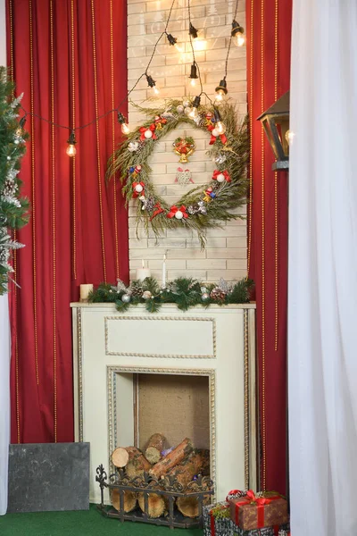 Фотозона Интерьером Рождество Новый Год Фотозона Рождественским Убранством Новогодними Украшениями — стоковое фото