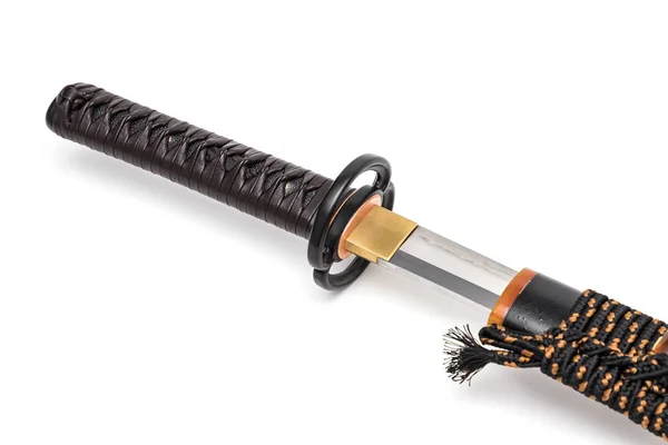 Amarrar Fio Couro Marrom Aperto Japonês Espada Aço Montagem Preto — Fotografia de Stock