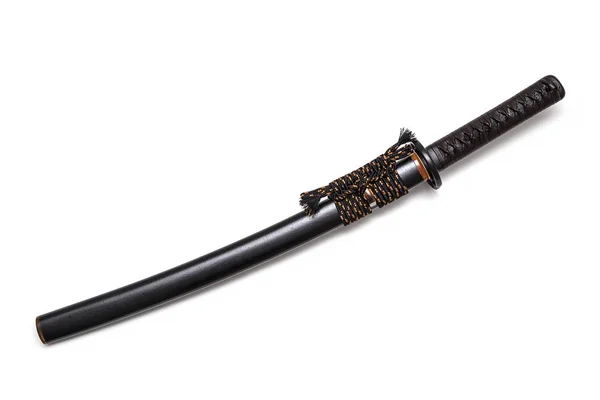 Corbata Cuero Marrón Empuñadura Espada Japonesa Vaina Negra Con Ajuste — Foto de Stock
