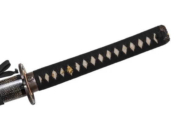 Tsuka Empuñadura Espada Japonesa Envuelta Por Cordón Seda Negro Con — Foto de Stock