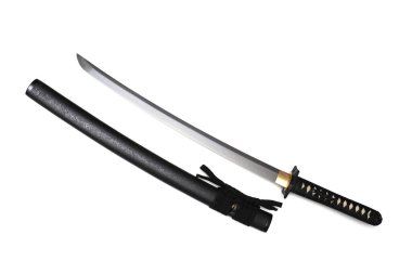 Japon kılıç montajı ve siyah kablo. Siyah kınalı, beyaz arka planda izole edilmiş..