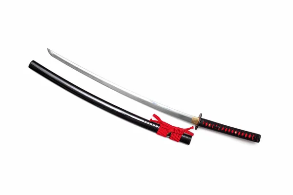 Japanese Sword Red Cord Steel Fitting Shiny Black Scabbard White — Stock Photo, Image