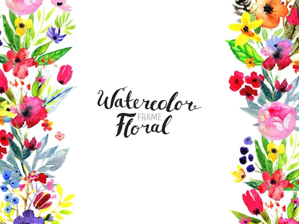 Suluboya Çiçek Geçmişi Elle Boyanmış Çiçek Sınırı Beyaz Fırça Harfleriyle — Stok fotoğraf