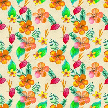 Tropik çiçeklerle kusursuz desen. Suluboya Arkaplanı