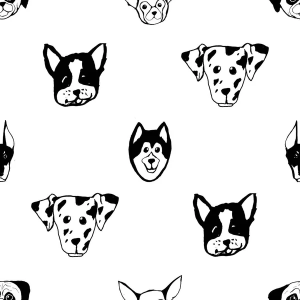 Patrón sin costuras con razas de perros. Bulldog, Husky, Alaska Malamute, Retriever, Doberman, Poodle, Pug, Shar Pei, Dalmacia — Vector de stock