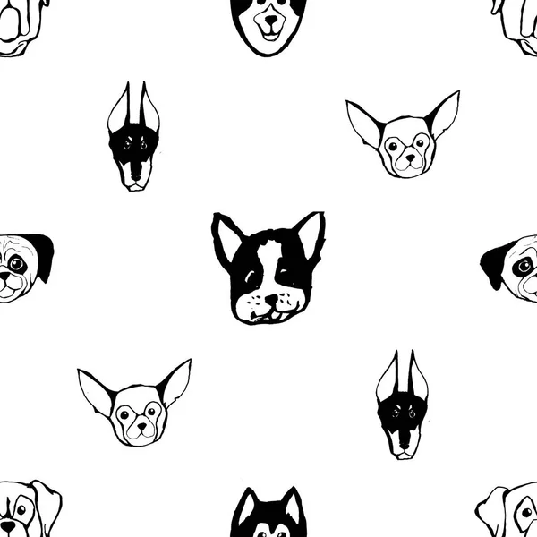 Patrón sin costuras con razas de perros. Bulldog, Husky, Alaska Malamute, Retriever, Doberman, Poodle, Pug, Shar Pei, Dalmacia — Vector de stock
