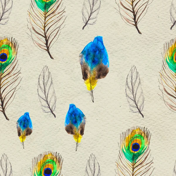 Watercolor feathers seamless pattern. Hand painted texture — Stock Photo, Image