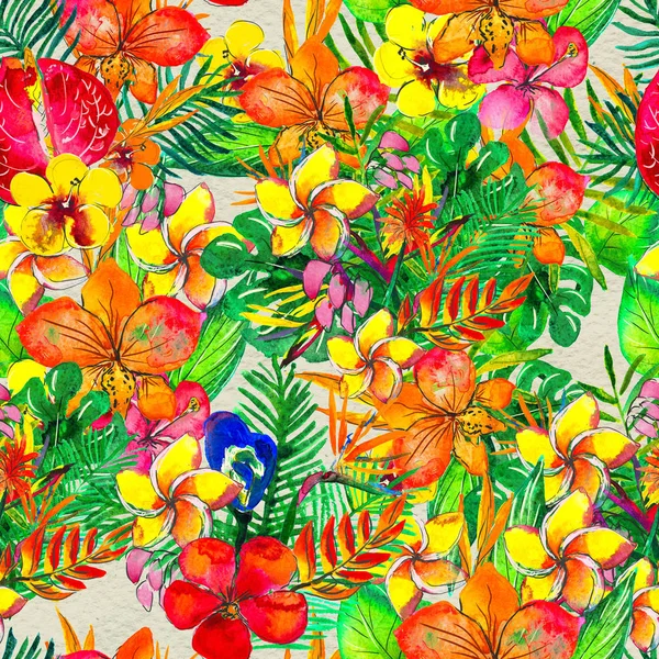 Seamless pattern With Tropical Flowers. Watercolor Background
