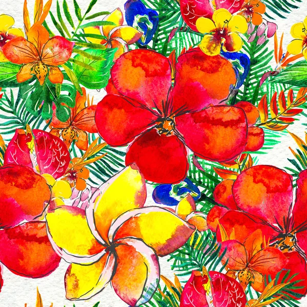 Tropik çiçeklerle kusursuz desen. Suluboya Arkaplanı — Stok fotoğraf