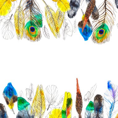 Beyaz arkaplanda renkli tüylü suluboya çerçeve