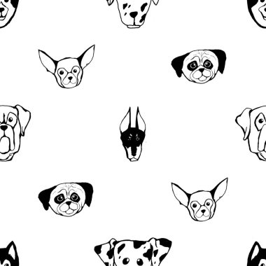 Köpek ırkları ile Seamless modeli. Bulldog, Husky, Alaskan Malamute, geri almak, Doberman, fino köpeği, Pug, Shar Pei, Dalmaçyalı