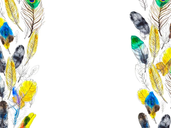 Beyaz arkaplanda renkli tüylü suluboya çerçeve — Stok fotoğraf