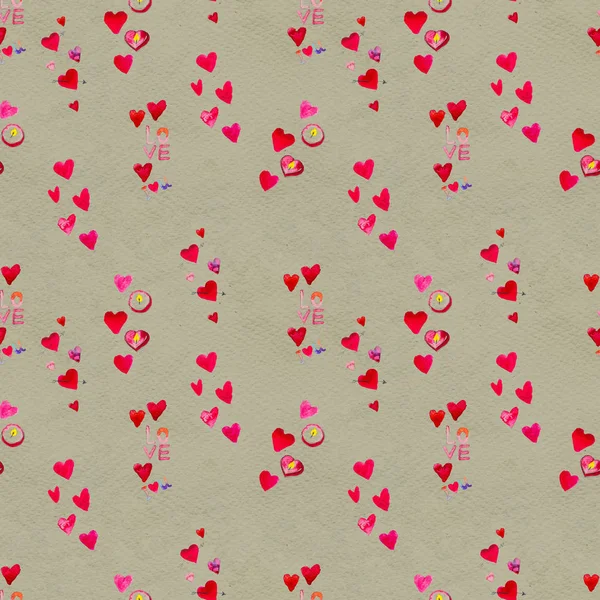 Sevgililer Günün kutlu olsun. Kırmızı suluboya kalplere sahip kusursuz desen. — Stok fotoğraf