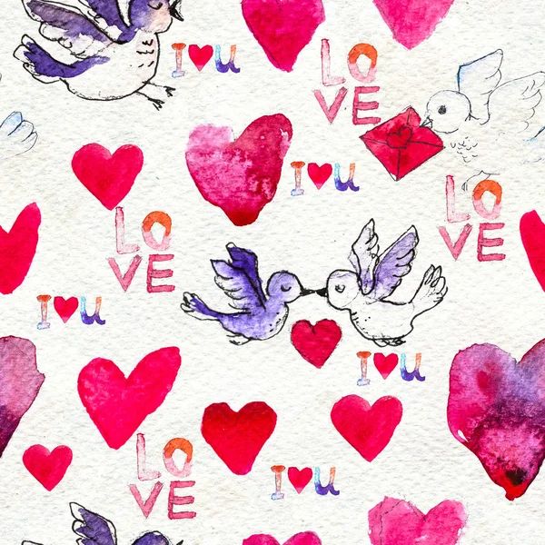 Fijne Valentijnsdag. Naadloos patroon met rode aquarel hartjes en vogels. — Stockfoto