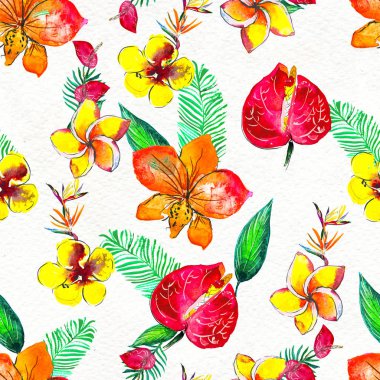 Tropik çiçeklerle kusursuz desen. Suluboya Arkaplanı